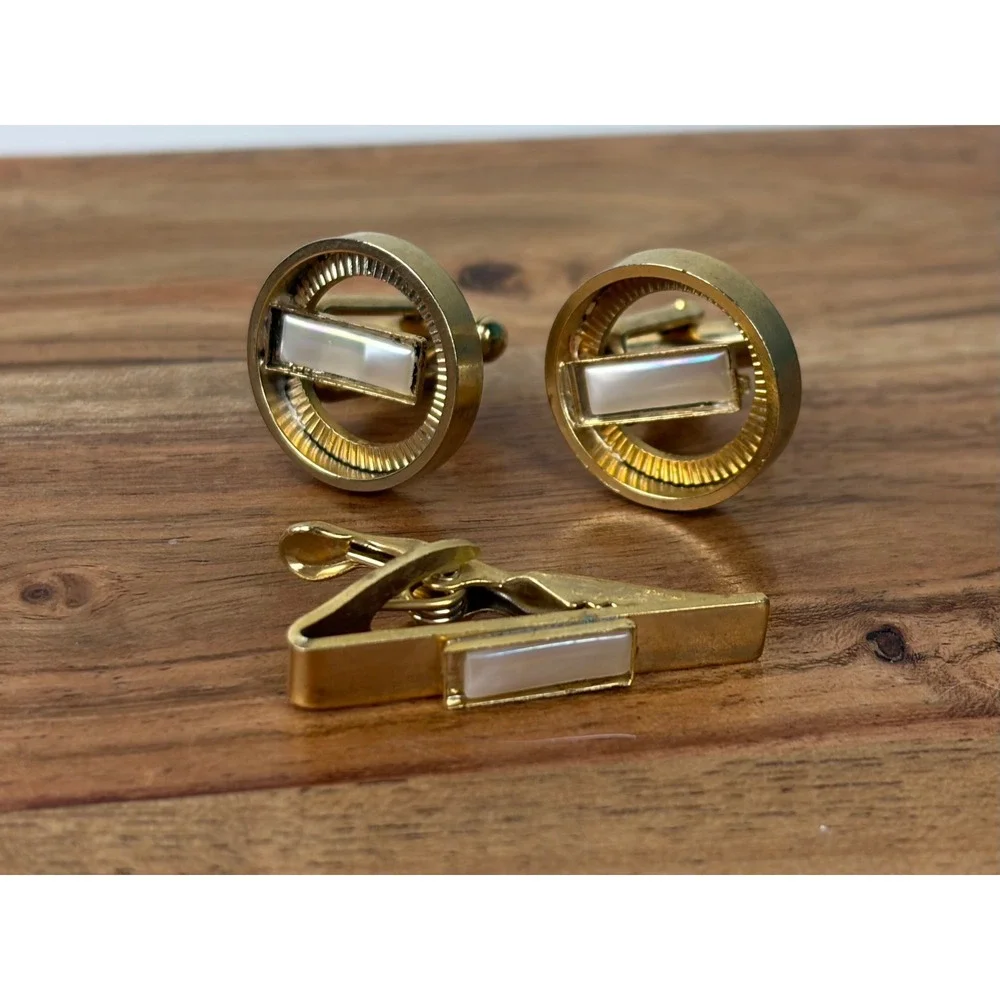 Vintage Cufflinks Tie Clip Set Gold Tone Mother of Pearl MCM Formal Ribbed Round